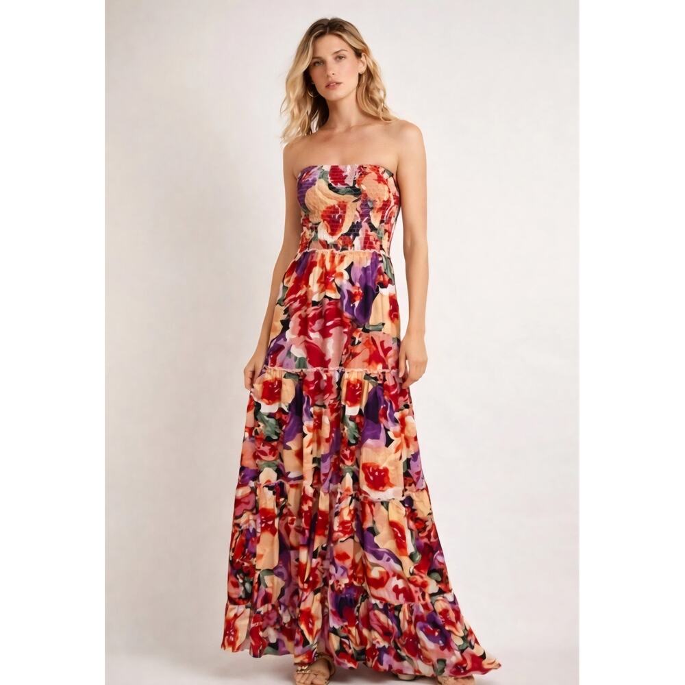 Anthropologie Strapless Floral Maxi Dress in Red, Purple, Peach
